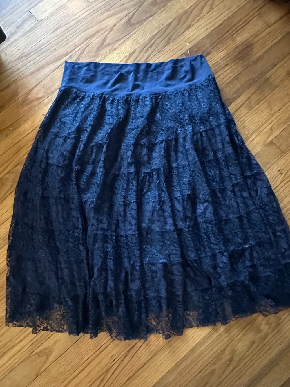 Reba Women’s Dark Blue Lace Midi Skirt 2X Tiered Floral Boho Western Cotton
